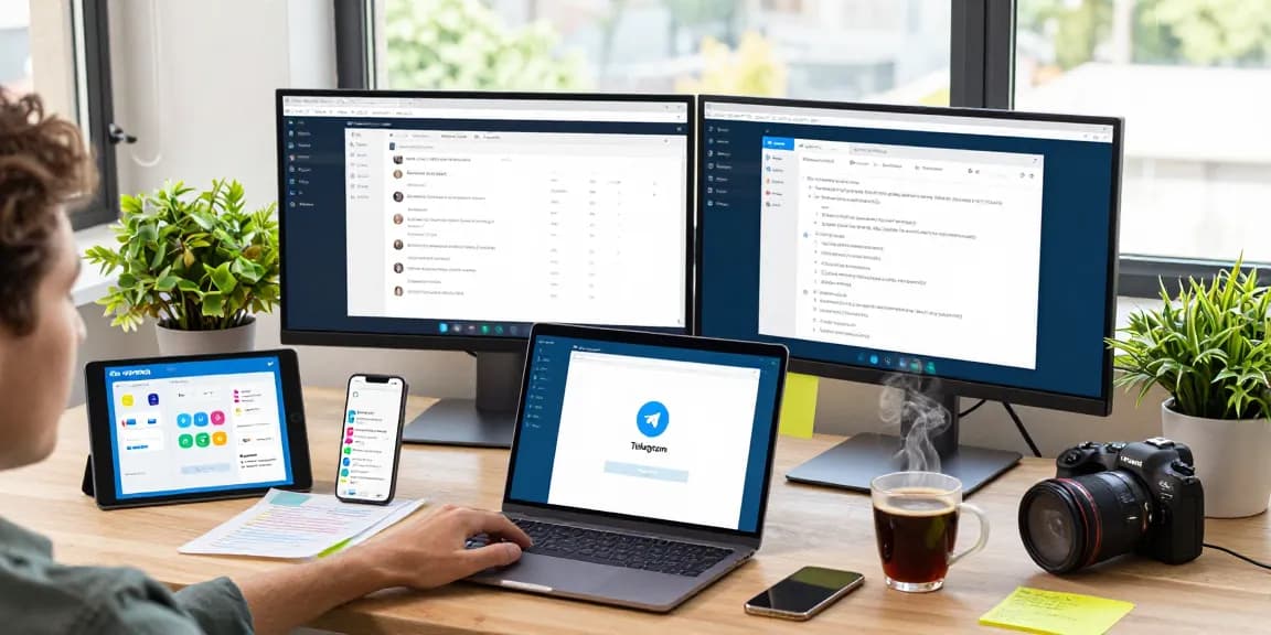 Engaged user accessing Telegram web version on a modern laptop in a dynamic workspace with tech gadgets.