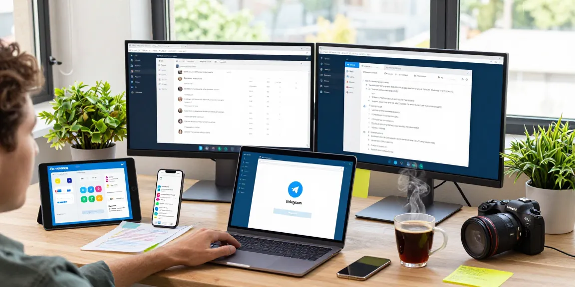 Engaged user accessing Telegram web version on a modern laptop in a dynamic workspace with tech gadgets.