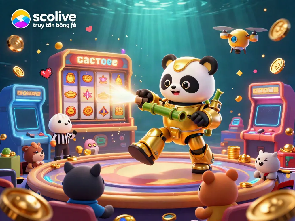 Socolive trực tiếp bóng đá brings excitement in a colorful casino scene filled with slot machines and cheering audiences.