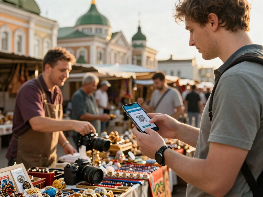 Turista usando https://payinrussia.com/ para pagar en mercado ruso con ambiente vibrante y arquitectura tradicional.