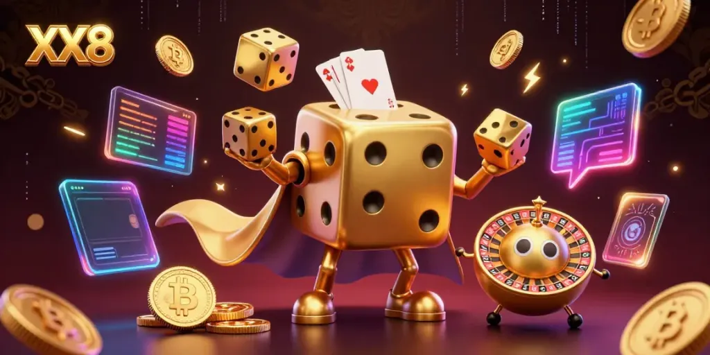 Engage with innovative online gaming at XX8 featuring a golden dice golem and thriving crypto elements.