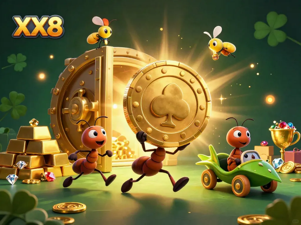 Ants carry a giant poker chip in a vibrant heist scene for XX8 casino entertainment.