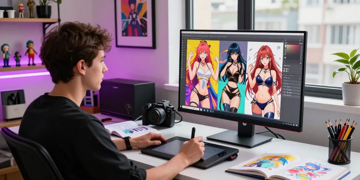 Dynamic scene of a graphic designer creating AI hentai illustrations in a vibrant digital studio.