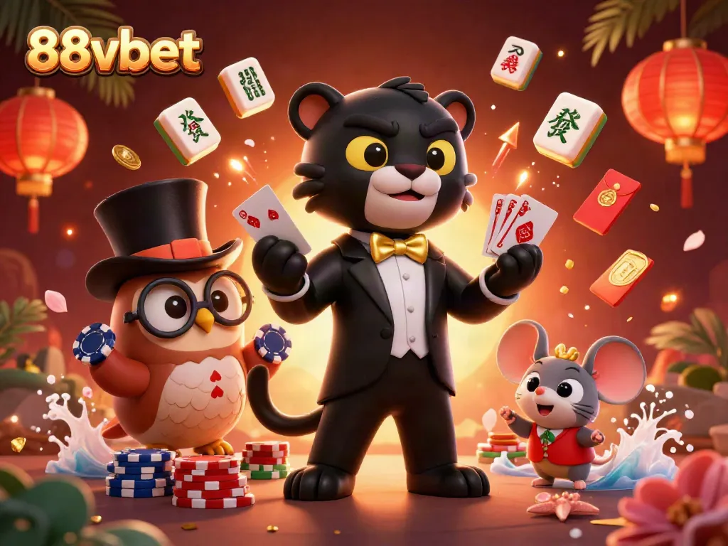 Engage in thrilling card games with the stylish 88vbet panther dealer and his dynamic friends.