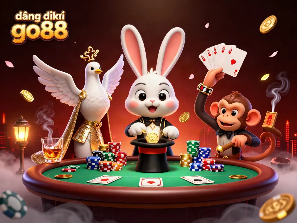 Engage in the excitement of đăng ký go88 with a magician rabbit, a dove, and a monkey in a lively casino scene.