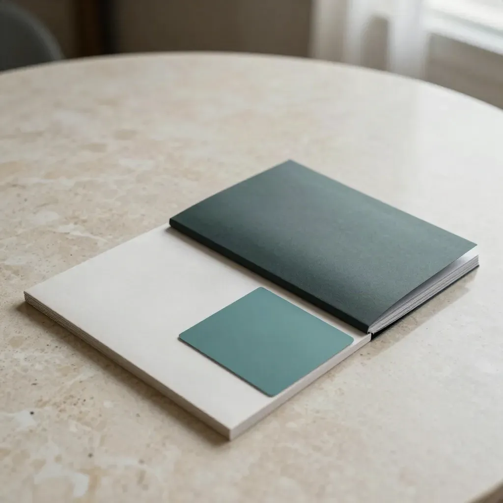 Pitchdeck-bundle på ljus mötesyta med teal-detaljer i mjukt dagsljus.