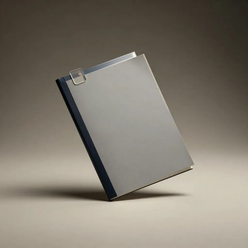 Svävande pitchdeck-folio med flikar, hörnkort och penna i mjukt dramatiskt ljus.