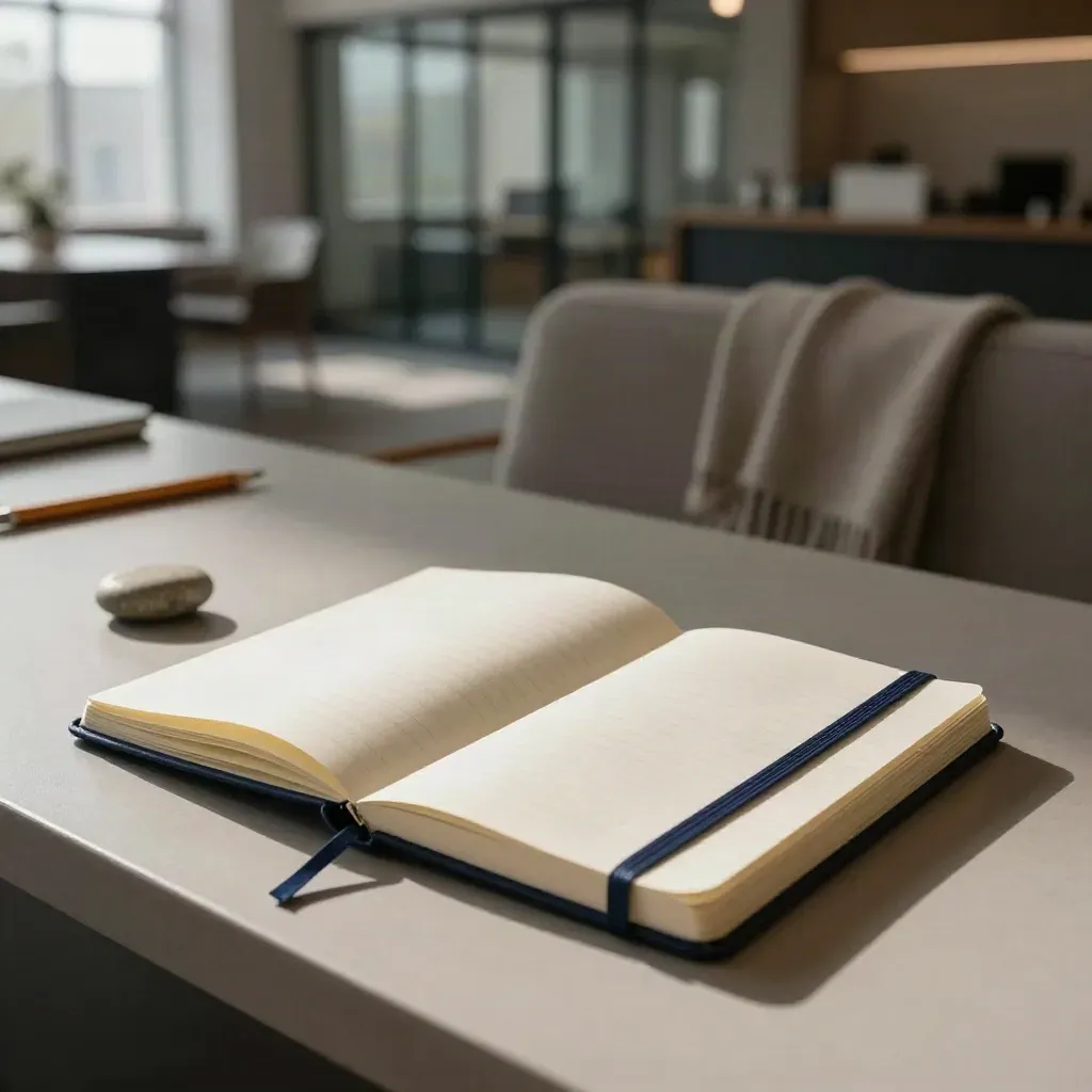 Öppen strategi­anteckningsbok på en ljus bänk med blyertsstump och sten i ett coworkingrum.