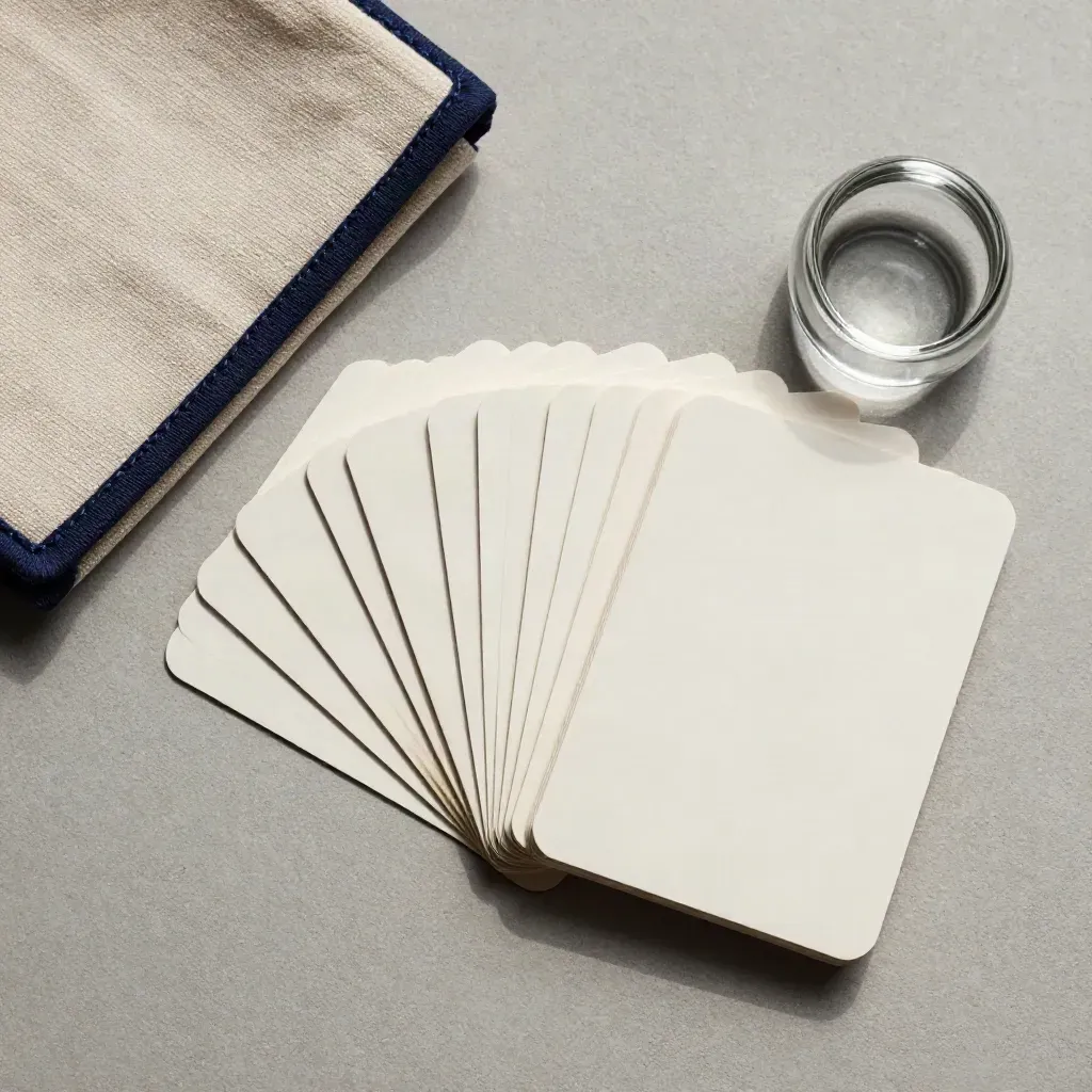 Ovanifrån flatlay med kort, vikt tyg och glasvikt på ljus betong