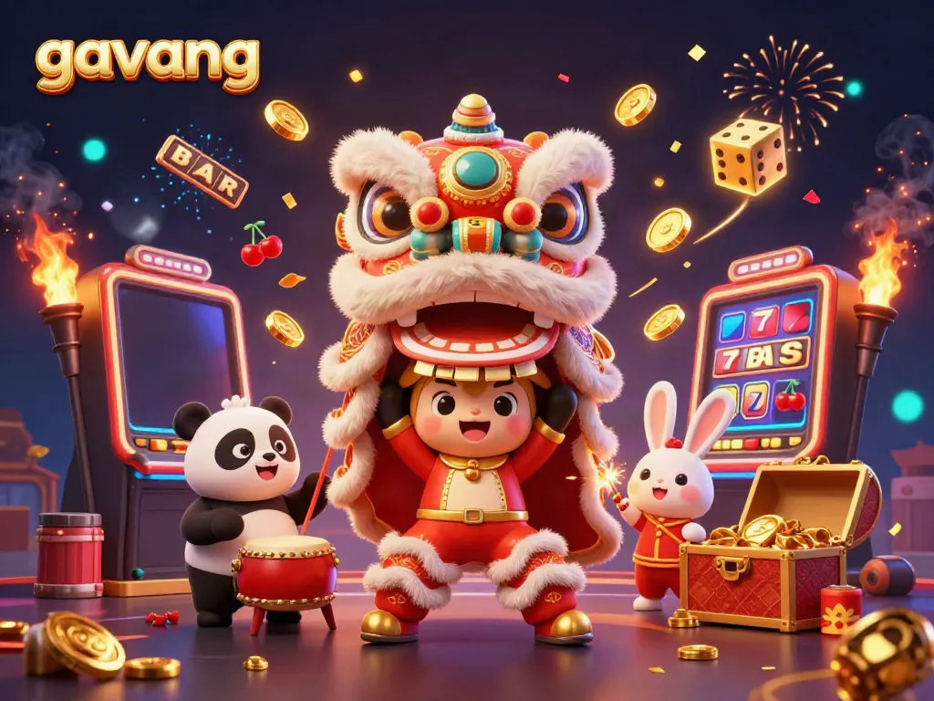 Experience the lively action with gavang in this vibrant casino-themed illustration of a lion dance.