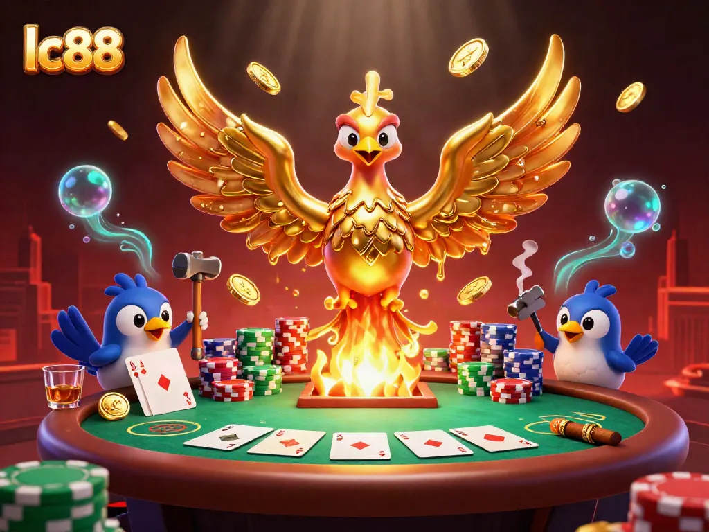 Experience the thrill of gaming with lc88, featuring a molten phoenix surrounded by casino elements.