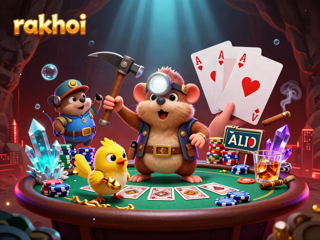 Experience thrilling gambling action with rakhoi's vibrant 3D treasure hunter scene filled with poker elements.