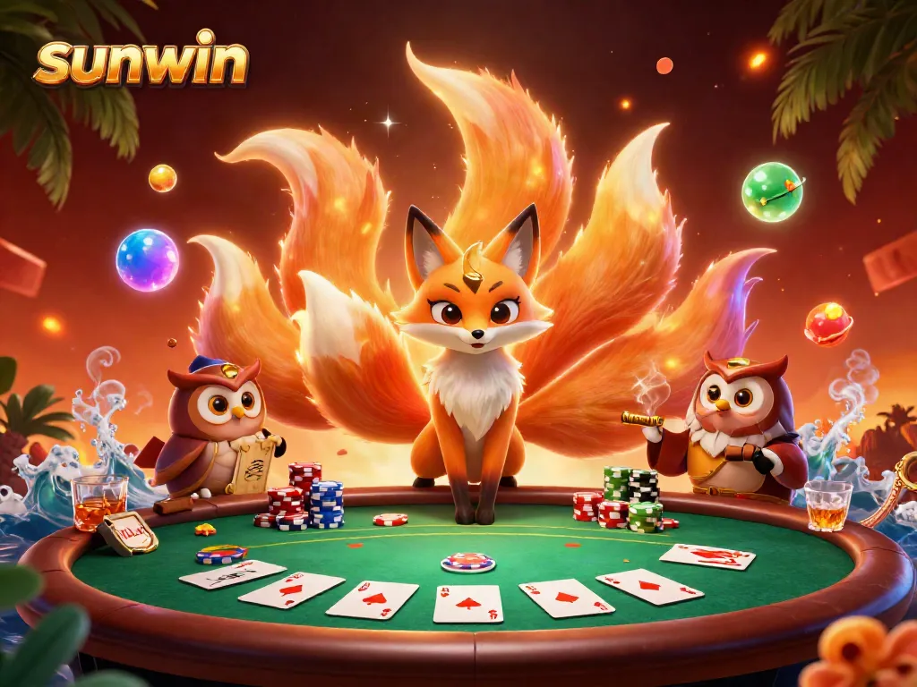Engage with the immersive world of sunwin, showcasing a vibrant casino scene with glowing characters and poker excitement.
