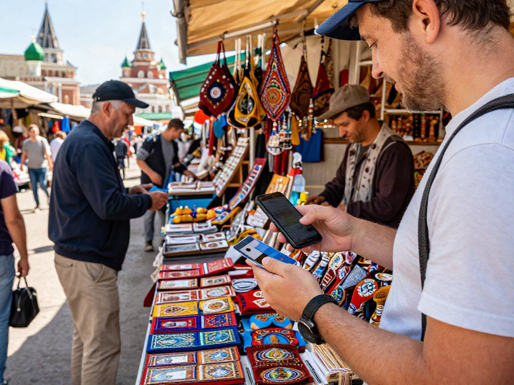 Turista utilizando https://payinrussia.com/ para realizar pagos en un mercado ruso vibrante y cultural.