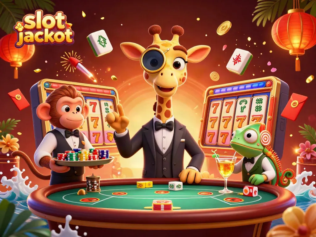 Experience slot jackpot excitement in a vibrant casino scene with a high-roller giraffe and dynamic gameplay elements.