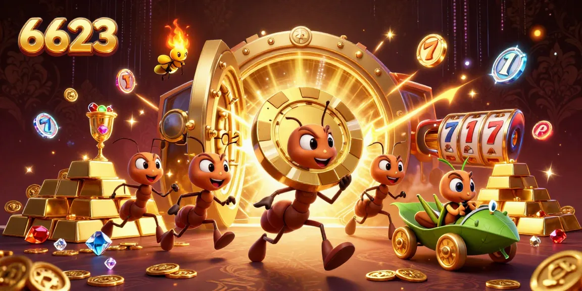 Carts of golden poker chips scale new heights in a thrilling 6623 heist illustration, featuring cartoon characters.