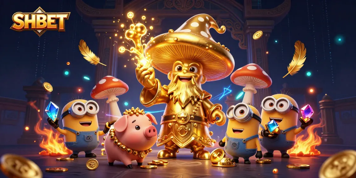 Experience the enchanting world of SHBET with a wizard and treasure pig amidst golden casino riches.