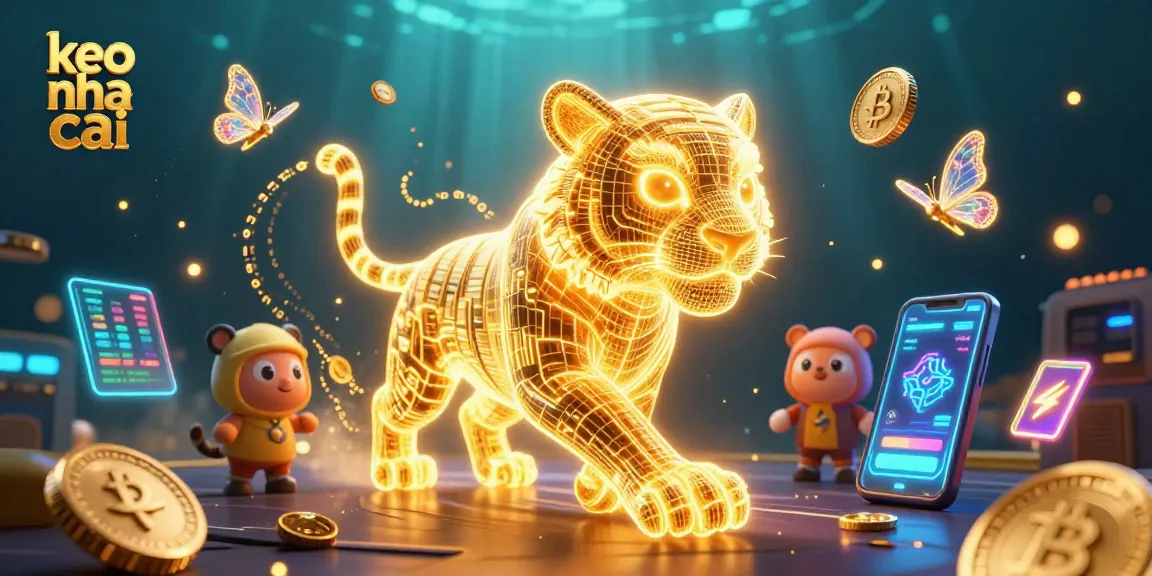 Engage with keo nha cai through a vibrant 3D-rendered scene showcasing a neon tiger and crypto elements in a dynamic casino landscape.