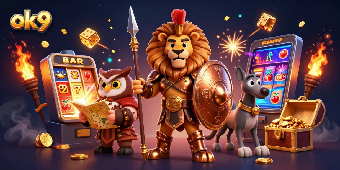 Experience excitement at ok9 with a 3D cartoon Spartan lion, surrounded by dynamic casino elements!