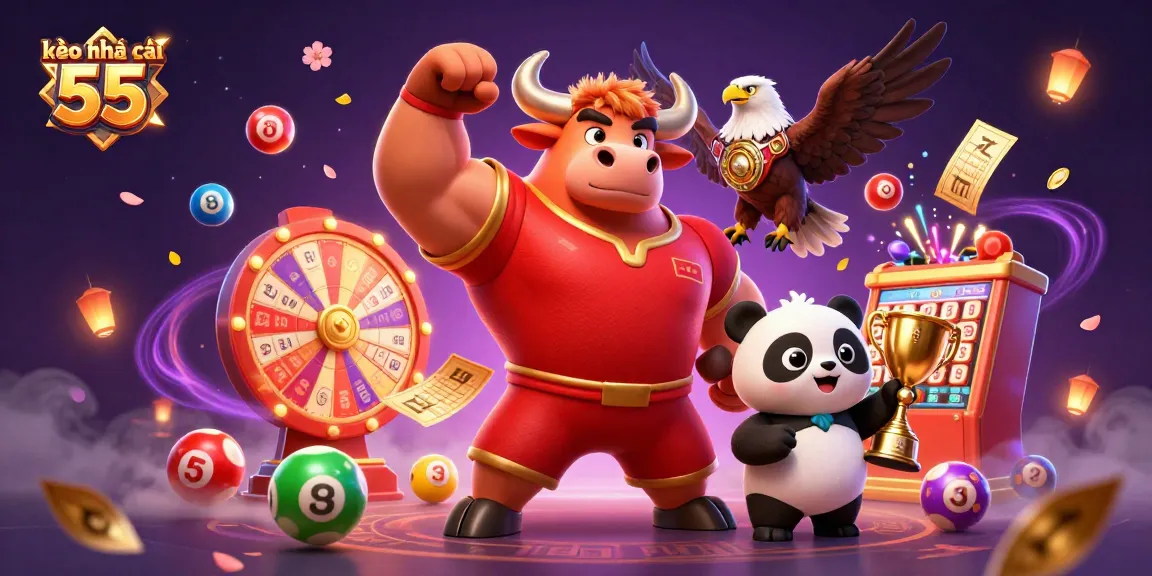 Engage with kèo nhà cái 55 through dynamic betting visuals featuring a cartoon bull, eagle, and panda.