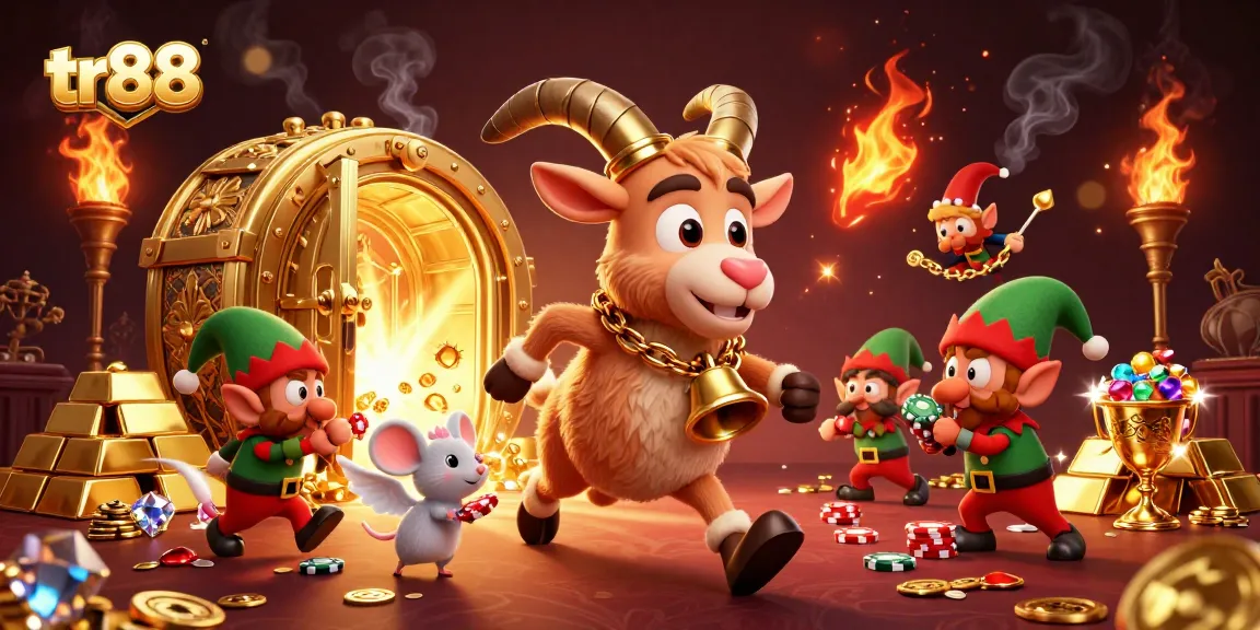 Experience exhilarating casino action with tr88 in a vibrant, chaotic scene filled with treasures.