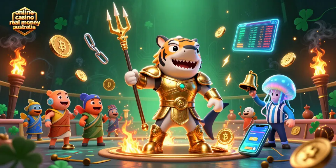 Engage with online casino real money Australia featuring a 3D shark gladiator amidst vibrant crypto elements.