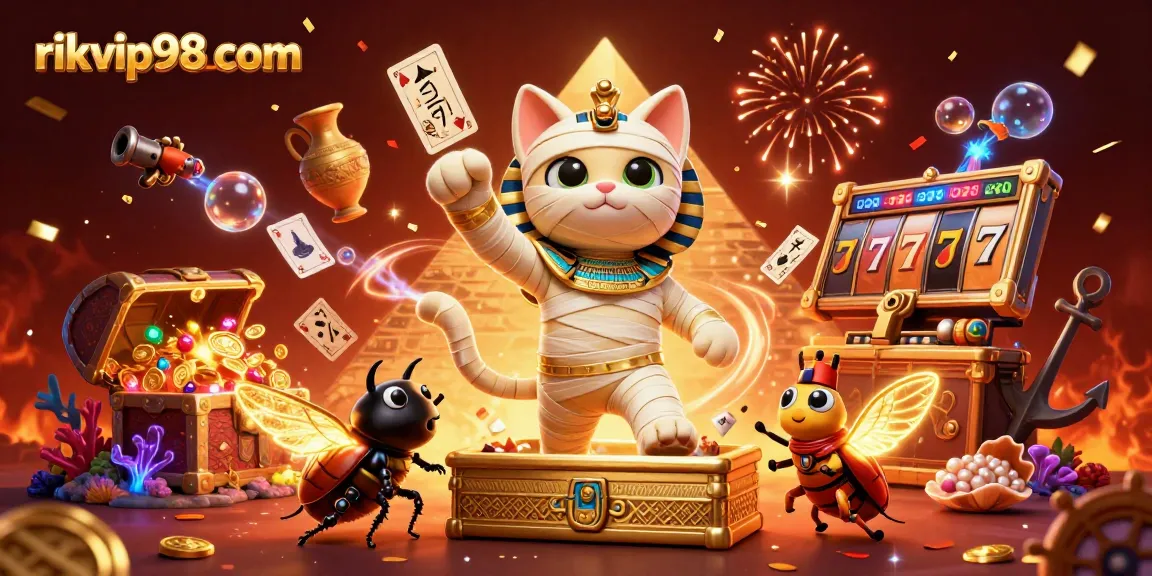 Join the fun at rikvip98 com, with 3D cartoon characters exploding with excitement in a vibrant casino atmosphere.